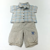 'Little Rascal Pirate Crew' Dog Badge Beige & White Checked Cotton Shirt & Lightweight Lined Cotton Cargo Trousers Set - Boys Newborn