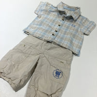 'Little Rascal Pirate Crew' Dog Badge Beige & White Checked Cotton Shirt & Lightweight Lined Cotton Cargo Trousers Set - Boys Newborn