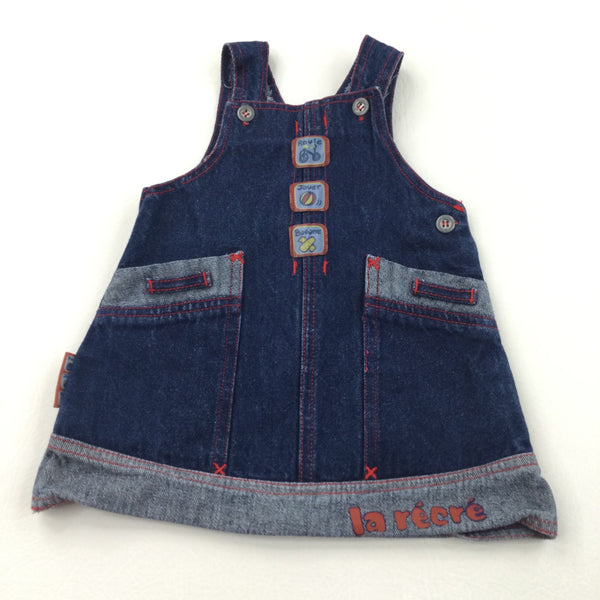 'Roule, Jouer, Bagarre' Dark Blue Denim Dungaree Dress - Girls 3-6 Months