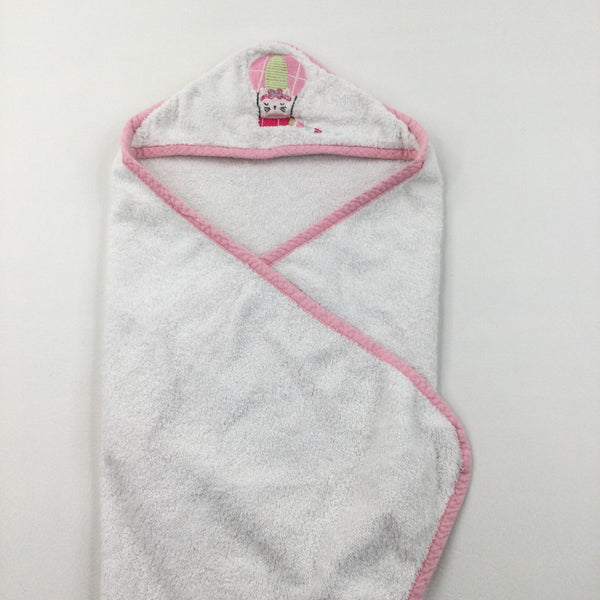 Cat & Hot Air Balloon Embroidered White & Pink Hooded Towel - Girls 3-6 Months