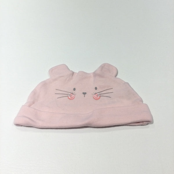Cat Face Pink Jersey Hat with Ears - Girls 0-3 Months