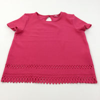 Textured Hot Pink Short Sleeve Polyester Blouse with Patterned Hem - Girls 12-13 Years