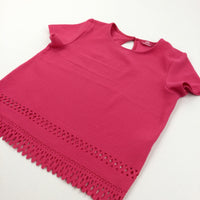 Textured Hot Pink Short Sleeve Polyester Blouse with Patterned Hem - Girls 12-13 Years