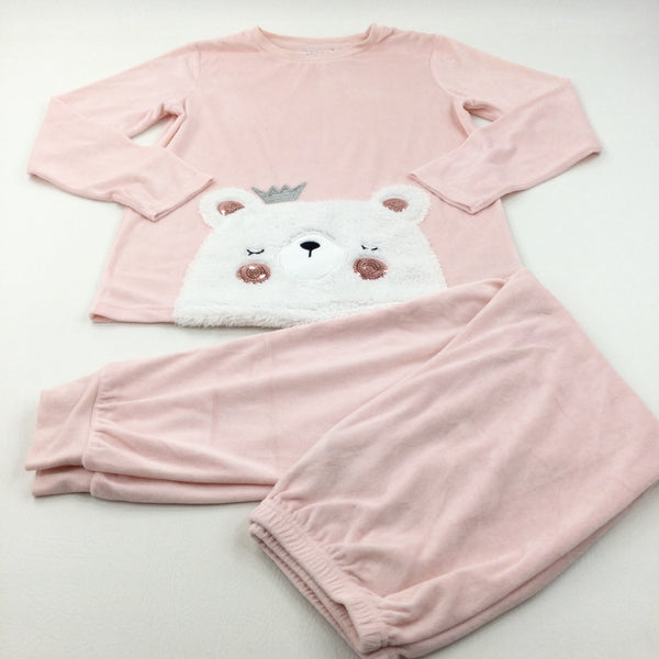 Sequins Bear Pale Pink Velour Pyjamas - Girls 12-13 Years