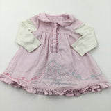 'Pretty Around' Carousel Embroidered Pink & White Cotton & Jersey Long Sleeve Dress - Girls 3-6 Months