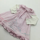 'Pretty Around' Carousel Embroidered Pink & White Cotton & Jersey Long Sleeve Dress - Girls 3-6 Months