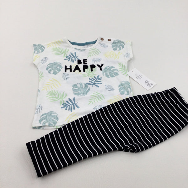 **NEW** 'Be Happy' Palm Leaves White T-Shirt With Striped Leggings - Boys/Girls 12-18 Months