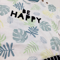 **NEW** 'Be Happy' Palm Leaves White T-Shirt With Striped Leggings - Boys/Girls 12-18 Months