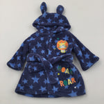 'Roar Roar' Lion Appliqued Blue & Navy Stars Fluffy Fleece Dressing Gown with Hood - Boys 0-3 Months