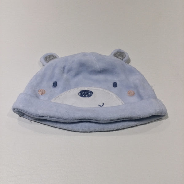 Bear Face Pale Blue Velour Hat with Ears - Boys 3-6 Months