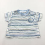 Bear Badge Blue, Beige, White & Pale Green Striped T-Shirt - Boys Newborn