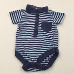 Blue & Navy Striped Polo Shirt Style Short Sleeve Bodysuit - Boys 0-3 Months