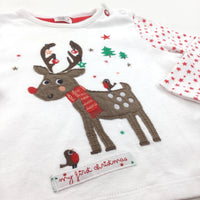 'My First Christmas' Rudolph Appliqued White Long Sleeve Christmas Top - Boys/Girls 3-6 Months