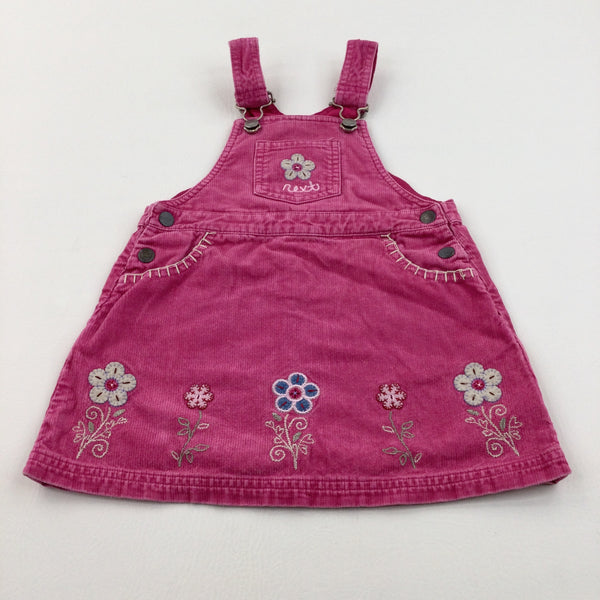 Flower Appliqued Pink Cord Dungaree Dress - Girls 12-18 Months
