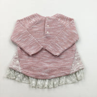 Pink & White Lightweight Knitted Jumper With Lace Trim - Girls 12-18 Months