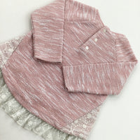 Pink & White Lightweight Knitted Jumper With Lace Trim - Girls 12-18 Months