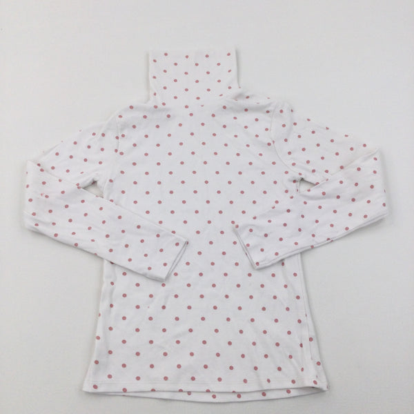 Pink Spots White Long Sleeved Roll Neck Top - Girls 8-9 Years