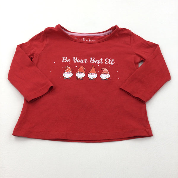 'Be Your Best Elf' Gonks Red Long Sleeve Christmas Top - Girls 9-12 Months