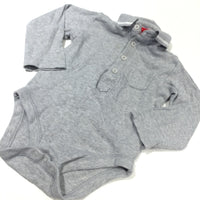 Grey Polo Shirt Style Long Sleeve Bodysuit - Boys 9-12 Months