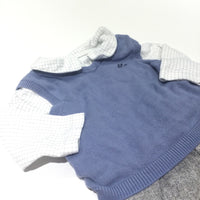 Grey Tweedy Trousers, Blue Knitted Tank Top & White & Grey Checked Long Sleeve Bodysuit Set - Boys 3-6 Months