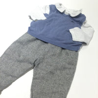 Grey Tweedy Trousers, Blue Knitted Tank Top & White & Grey Checked Long Sleeve Bodysuit Set - Boys 3-6 Months