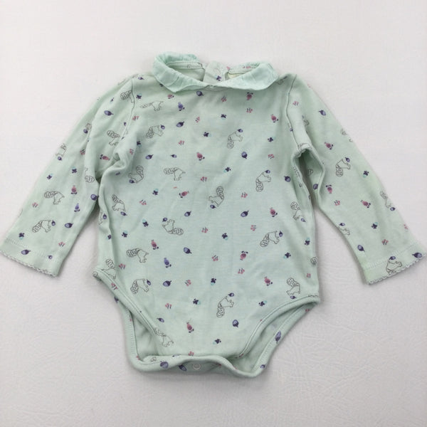Squirrels Pale Green Long Sleeve Bodysuit with Frilly Collar - Girls 3-6 Months