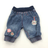 Cat & Flowers Appliqued Mid Blue Lightweight Denim Jeans - Girls 0-3 Months