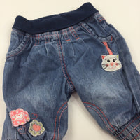 Cat & Flowers Appliqued Mid Blue Lightweight Denim Jeans - Girls 0-3 Months