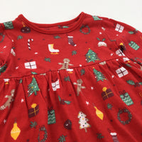 Christmas Trees & Gingerbread Red Jersey Christmas Dress - Girls 3-6 Months