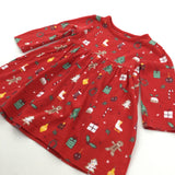 Christmas Trees & Gingerbread Red Jersey Christmas Dress - Girls 3-6 Months