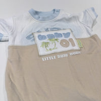 'Little Surf Dude' Appliqued White & Beige Short Jersey Romper - Boys Newborn