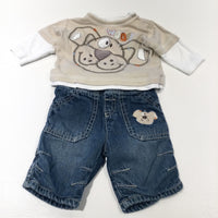 'Woof!' Appliqued & Embroidered Dog Beige Long Sleeve Top & Dark Blue Denim Jeans Set - Boys Newborn