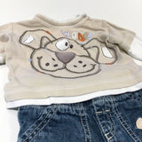 'Woof!' Appliqued & Embroidered Dog Beige Long Sleeve Top & Dark Blue Denim Jeans Set - Boys Newborn
