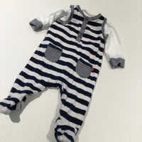 Navy & White Striped Jersey Dungarees & White Long Sleeve Bodysuit Set - Boys Newborn