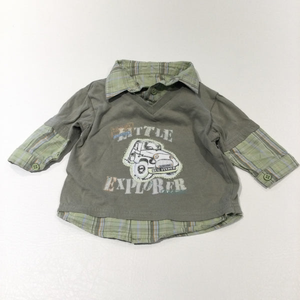 'Little Explorer' Jeep Appliqued Khaki Green Long Sleeve Top with Mock Shirt Collar, Hem & Sleeves - Boys Newborn