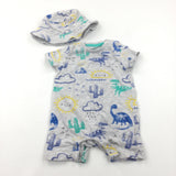 Dinosaurs Blue, Grey & Green Romper & Sun Hat Set - Boys 3-6 Months