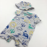 Dinosaurs Blue, Grey & Green Romper & Sun Hat Set - Boys 3-6 Months