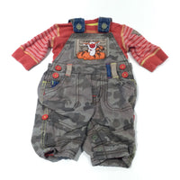 'Tigger Loves To Bounce' Camouflage Khaki Green Lined Cotton Dungarees & Red Long Sleeve Top Set - Boys Newborn