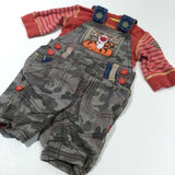 'Tigger Loves To Bounce' Camouflage Khaki Green Lined Cotton Dungarees & Red Long Sleeve Top Set - Boys Newborn