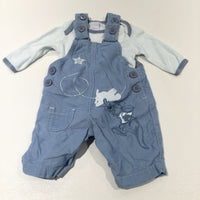 'Little Roo' Embroidered Blue Lightweight Corduroy Dunageres & Blue & White Long Sleeve Bodysuit Set - Boys Newborn