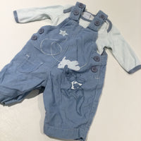 'Little Roo' Embroidered Blue Lightweight Corduroy Dunageres & Blue & White Long Sleeve Bodysuit Set - Boys Newborn