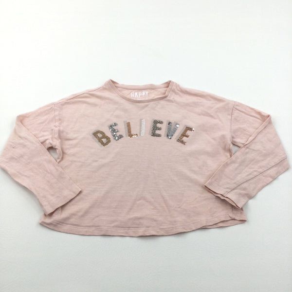 'Believe' Sequins Peach Long Sleeve Belly Top - Girls 7-8 Years