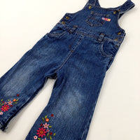 Flower Embroidered Denim Dungarees - Girls 12-18 Months