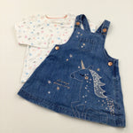 'Always Dreaming' Unicorn & Stars Denim Dungaree Dress With Long Sleeved Top - Girls 12-18 Months