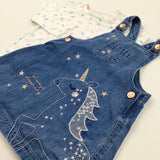 'Always Dreaming' Unicorn & Stars Denim Dungaree Dress With Long Sleeved Top - Girls 12-18 Months