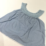 Blue & White Spotty Cotton Dress with Crocheted Detail - Girls 3-6 Months