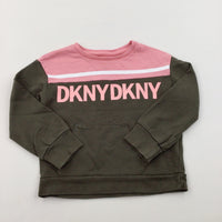 'DKNY' Pink & Khaki Green Lightweight Sweatshirt - Girls 24 Months