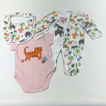 **NEW** 'Best Friends Forever' Animals Colourful White Babygrow, Tiger Appliqued Pink Short Sleeve Bodysuit & Bib Set - Girls 0-3 Months