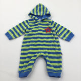 Lime Green & Blue Striped Velour Hoodie Romper - Boys 0-3 Months