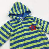 Lime Green & Blue Striped Velour Hoodie Romper - Boys 0-3 Months